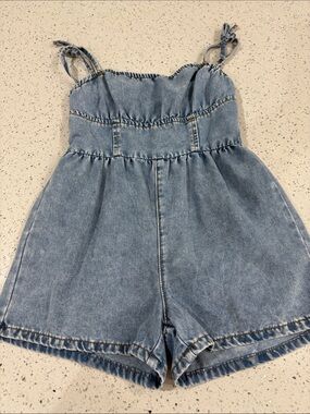 SHEIN girls Light Blue Girls Denim Romper with Tie Straps size 9